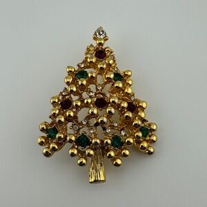 Vintage Gold Tone with Red and Green Gem Accent Christmas Tree Brooch